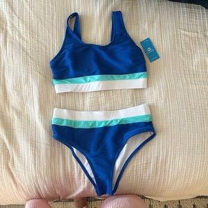 CUPSHE sunny blue color block bralette and banded high waist bikini set